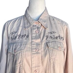 Lemongrass Embroidered Parisian Cafe Scene Denim Shirt Jacket  Tan Cotton Medium
